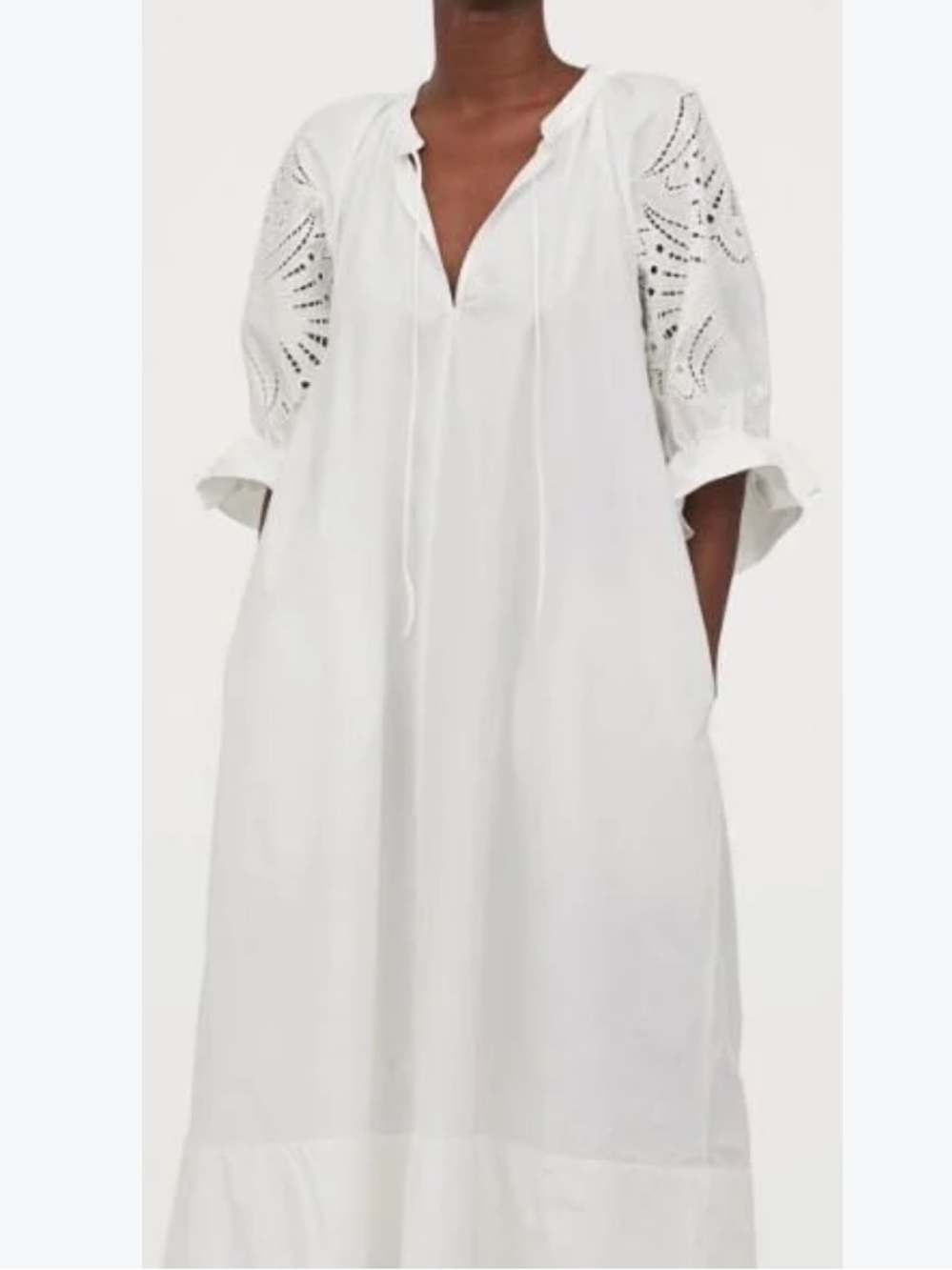 ·H&M· White Cottagecore Lace Embroidered Puff Sleeve Midi Dress Size Medium